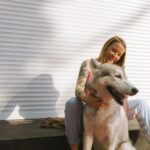 Smiling woman with a Siberian Husky, sitting outdoors in sunlight, showcasing companionship.