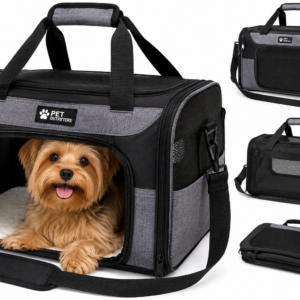 Premium Soft-Sided Pet Carrier from Pet Outfitters featuring breathable mesh panels, padded interior, adjustable shoulder strap, and a small dog inside. This airline-friendly dog carrier and cat carrier is perfect for safe, comfortable pet travel, road trips, and everyday adventures.