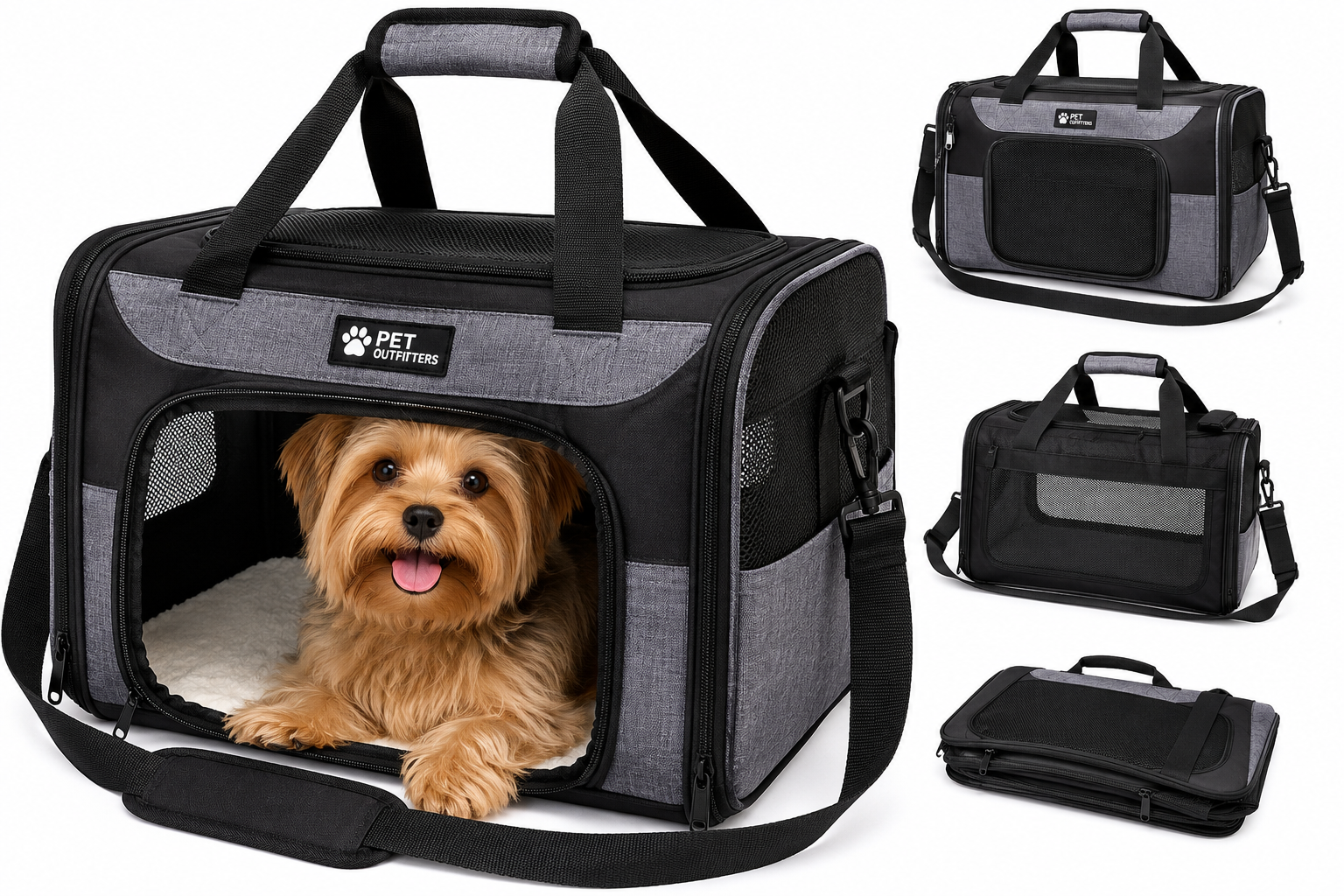 Deluxe Pet Carrier Premium Soft-Sided Pet Carrier from Pet Outfitters featuring breathable mesh panels, padded interior, adjustable shoulder strap, and a small dog inside. This airline-friendly dog carrier and cat carrier is perfect for safe, comfortable pet travel, road trips, and everyday adventures.